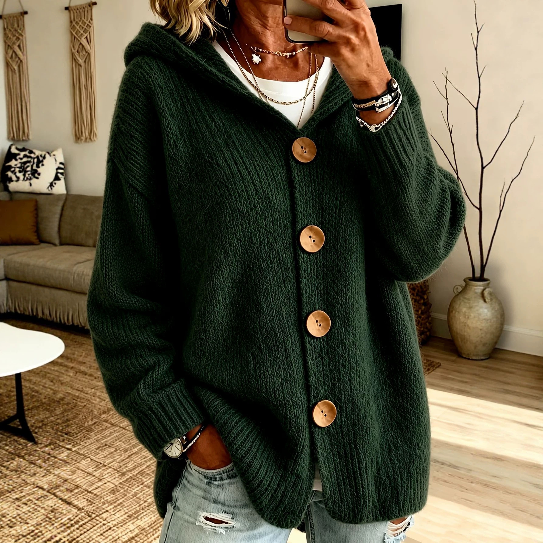 Women's Chunky Knit Hooded Cardigan Sweater – Cozy Oversized Button Front Open Cardigan