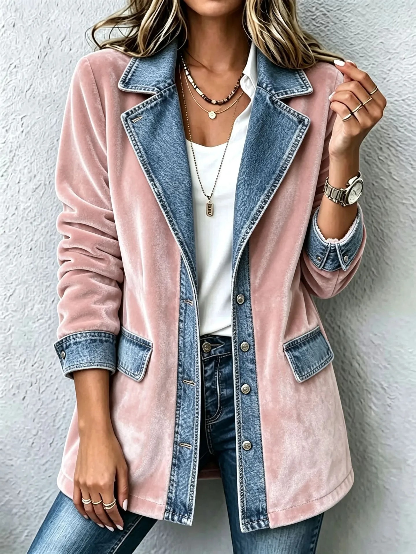 Elegant Mixed Media Denim Knit Cardigan Open Front Lapel Sweater Coat Mid Length Comfort Fit Outerwear