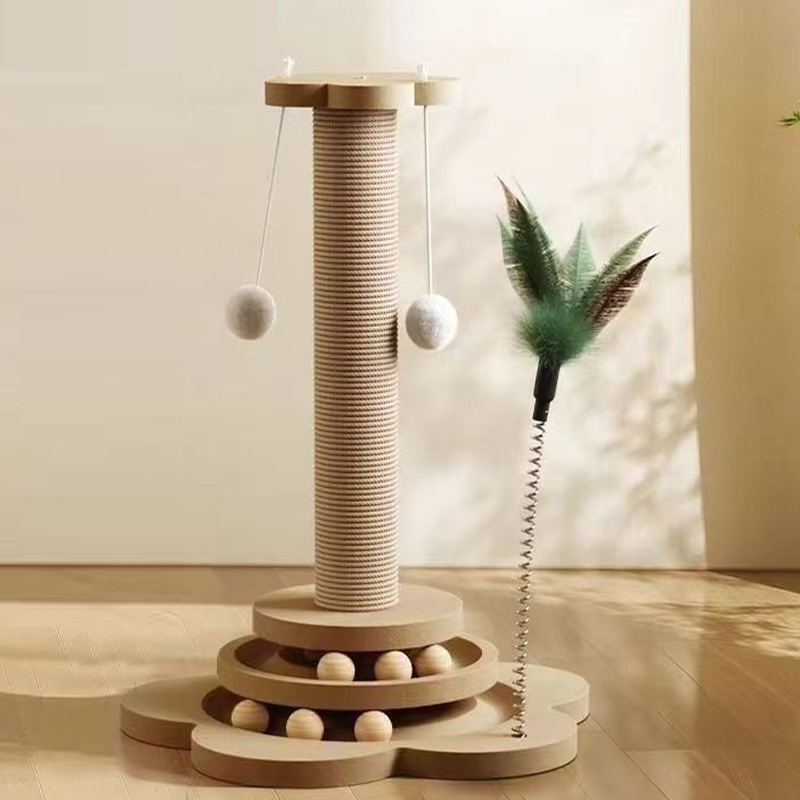 Wooden Cat Scratching Post with Double Layer Track Ball Toy | Interactive Cat Turntable, Safe Sisal Scratcher for Indoor Cats