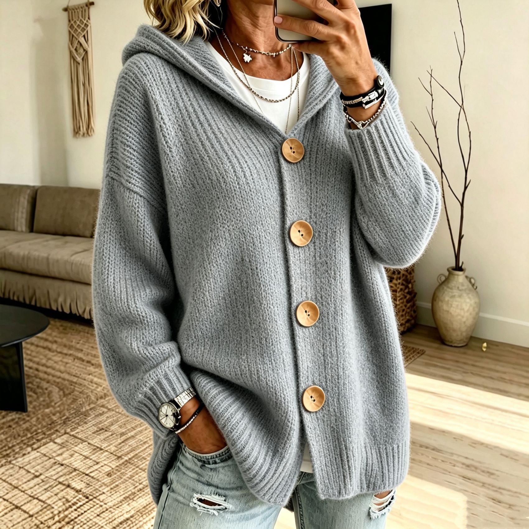 Women's Chunky Knit Hooded Cardigan Sweater – Cozy Oversized Button Front Open Cardigan