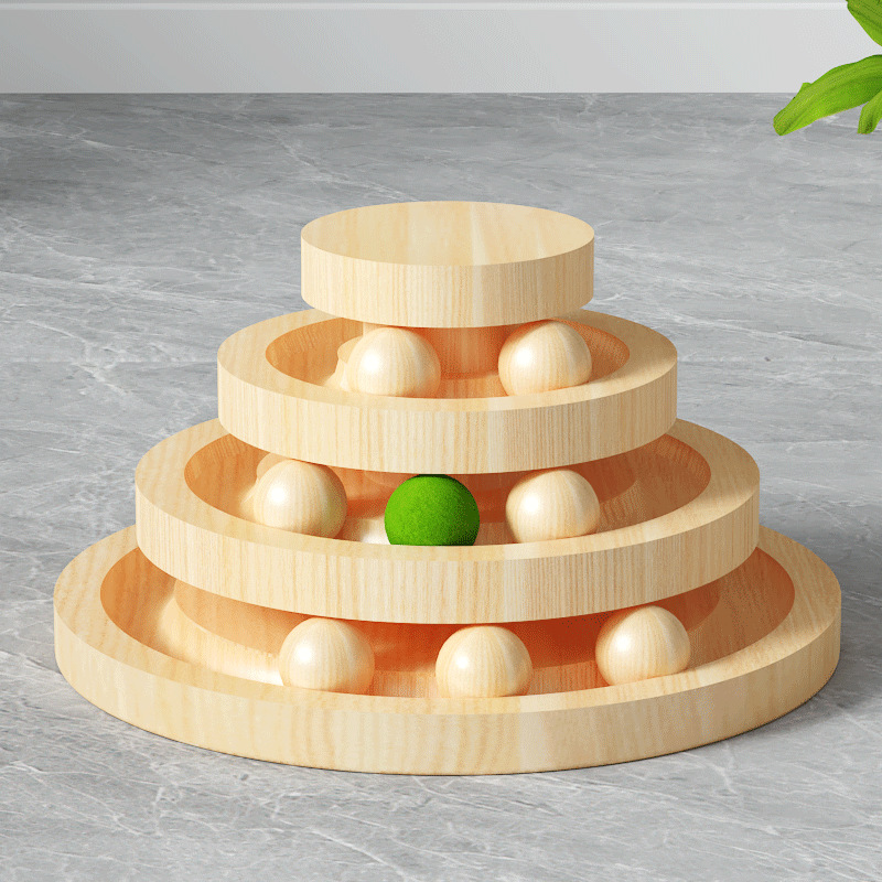 Wooden Cat Scratching Post with Double Layer Track Ball Toy | Interactive Cat Turntable, Safe Sisal Scratcher for Indoor Cats