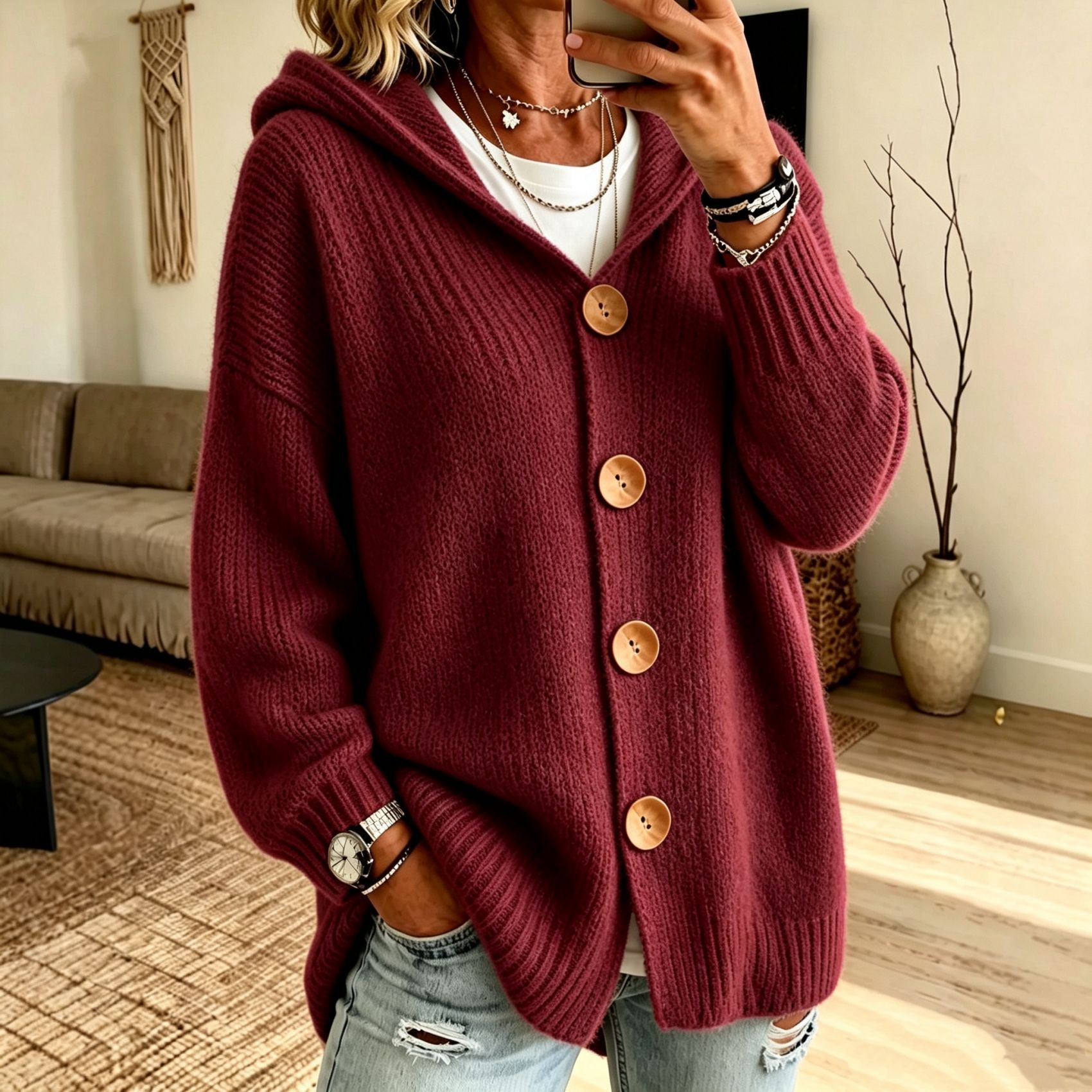 Women's Chunky Knit Hooded Cardigan Sweater – Cozy Oversized Button Front Open Cardigan