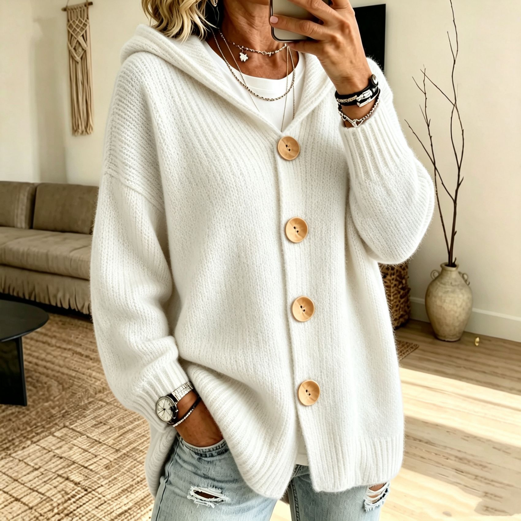 Women's Chunky Knit Hooded Cardigan Sweater – Cozy Oversized Button Front Open Cardigan
