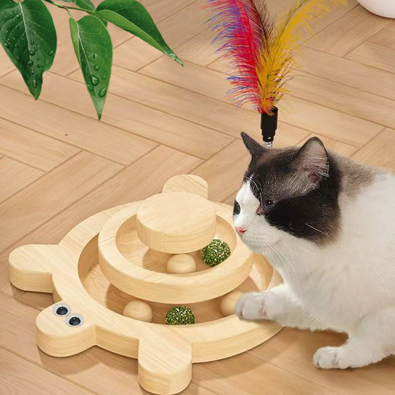 Wooden Cat Scratching Post with Double Layer Track Ball Toy | Interactive Cat Turntable, Safe Sisal Scratcher for Indoor Cats