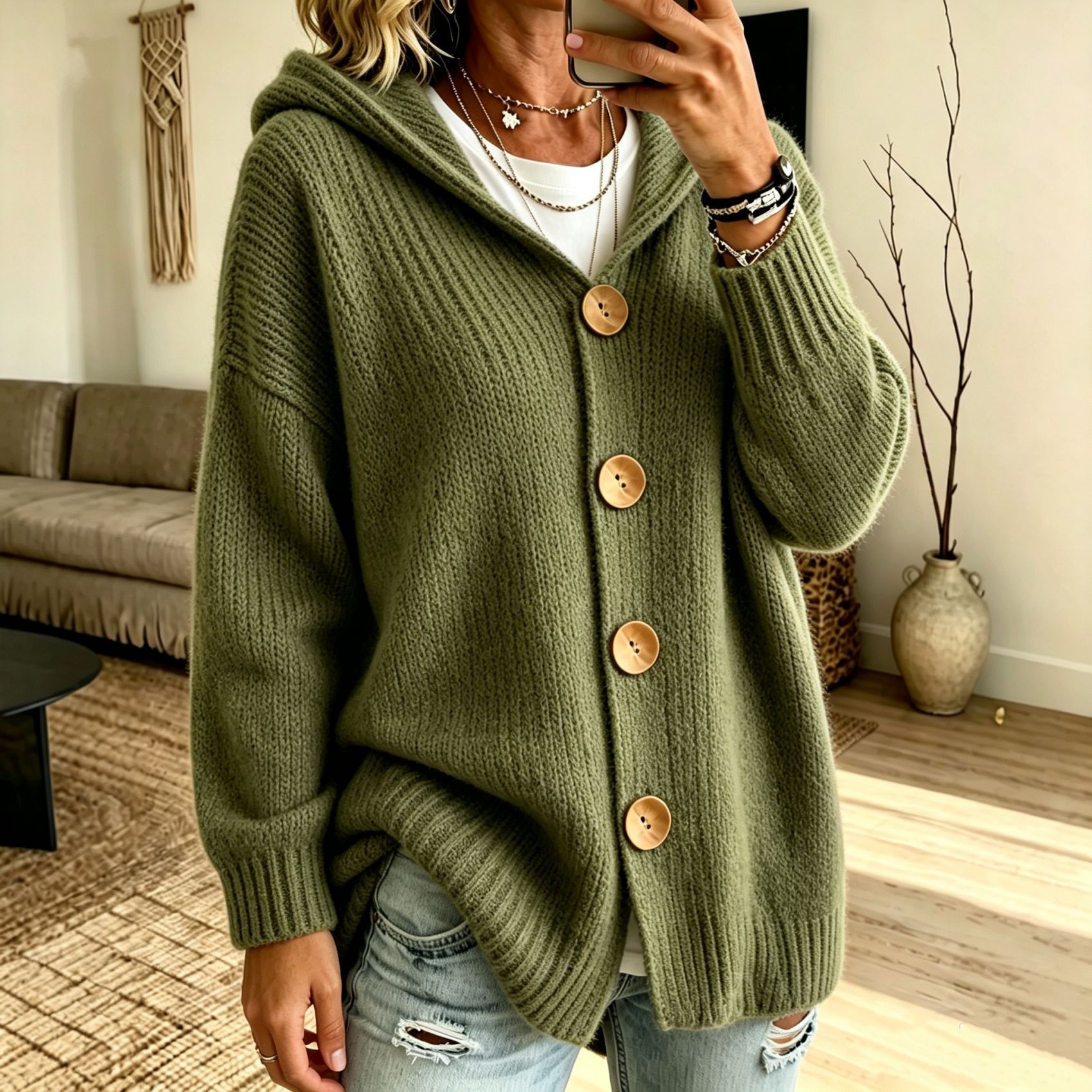 Women's Chunky Knit Hooded Cardigan Sweater – Cozy Oversized Button Front Open Cardigan