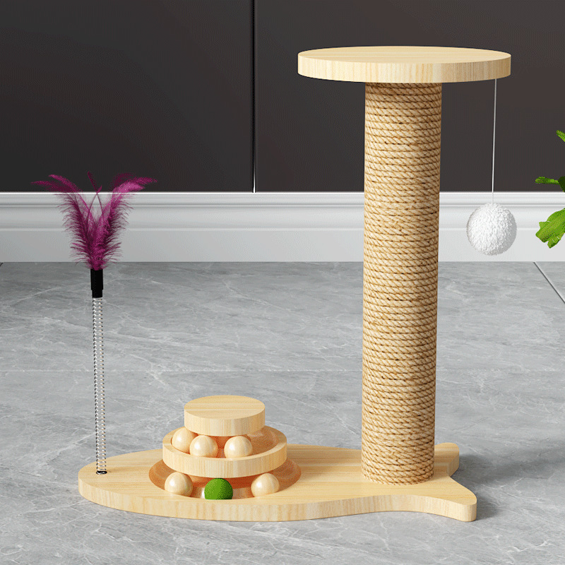Wooden Cat Scratching Post with Double Layer Track Ball Toy | Interactive Cat Turntable, Safe Sisal Scratcher for Indoor Cats