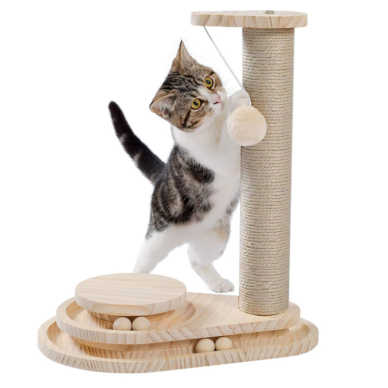 Wooden Cat Scratching Post with Double Layer Track Ball Toy | Interactive Cat Turntable, Safe Sisal Scratcher for Indoor Cats