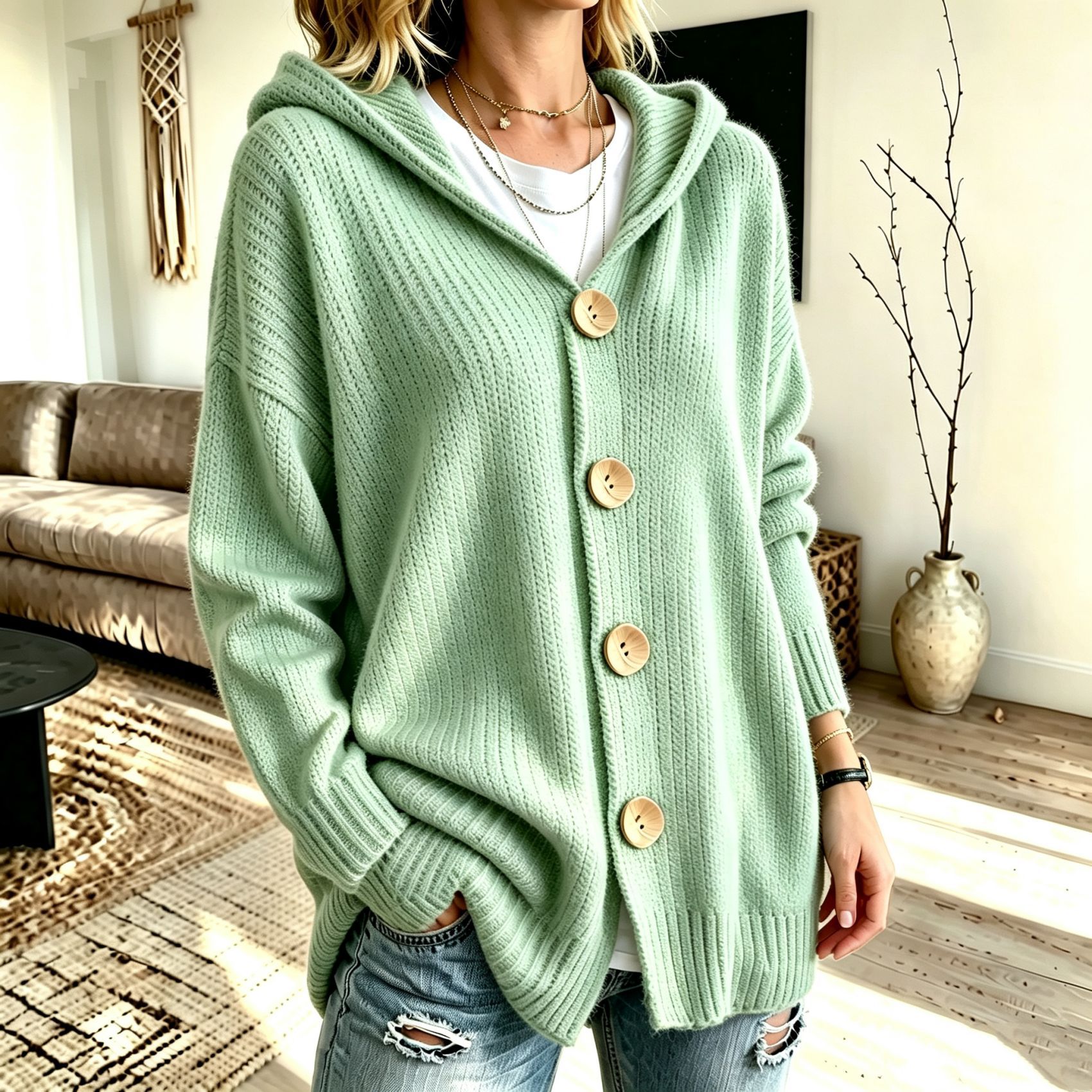Women's Chunky Knit Hooded Cardigan Sweater – Cozy Oversized Button Front Open Cardigan