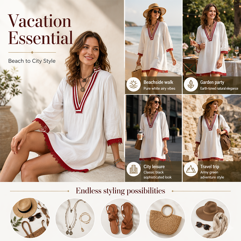 Women's V-Neck Loose Cotton Linen Dress