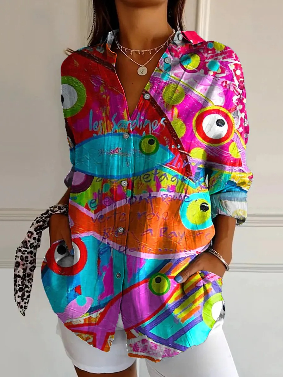 Women’s Abstract Line Cotton Linen Shirt