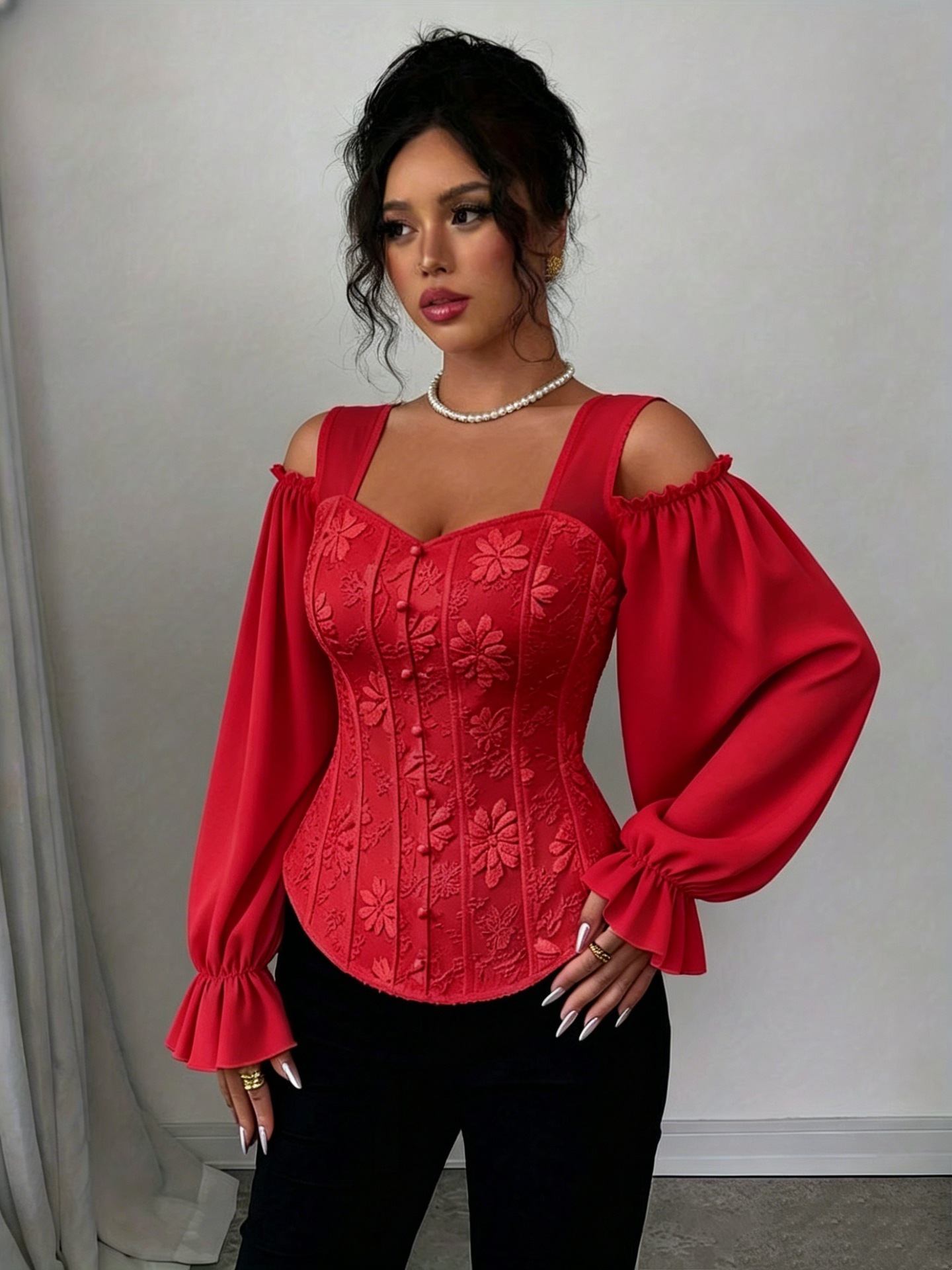 Women’s Elegant Off-Shoulder Long-Sleeve Floral Jacquard Top