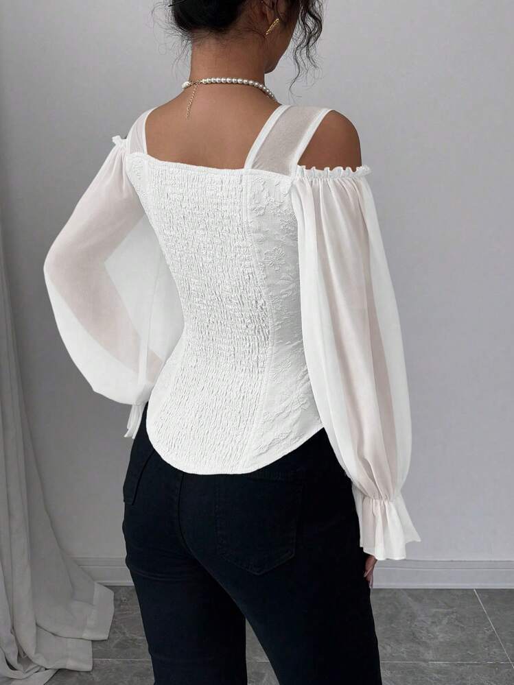 Women’s Elegant Off-Shoulder Long-Sleeve Floral Jacquard Top