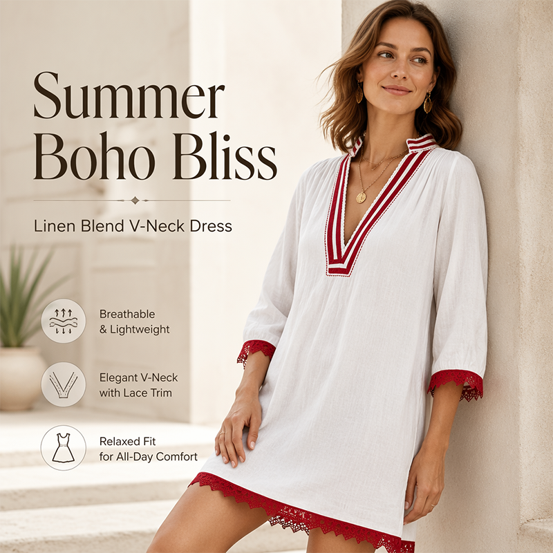 Women's V-Neck Loose Cotton Linen Dress