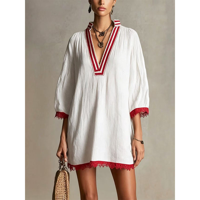 Women's V-Neck Loose Cotton Linen Dress