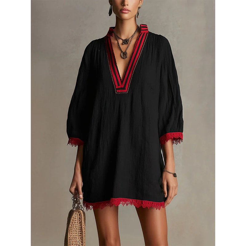 Women's V-Neck Loose Cotton Linen Dress
