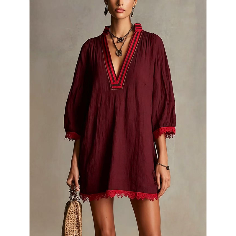 Women's V-Neck Loose Cotton Linen Dress