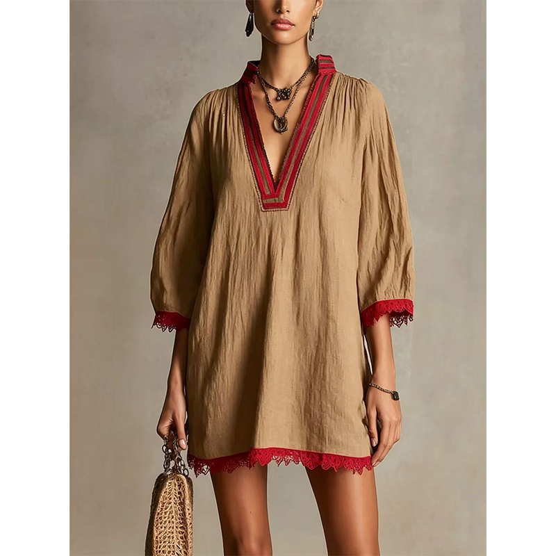 Women's V-Neck Loose Cotton Linen Dress
