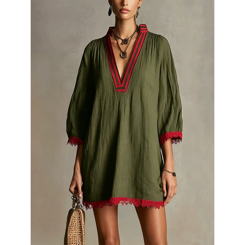 Women's V-Neck Loose Cotton Linen Dress