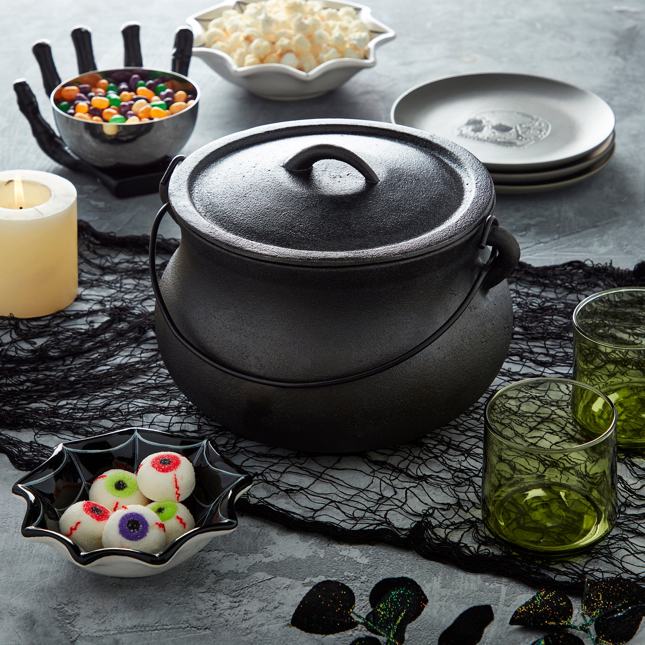 4-Quart Cast Iron Cauldron Pot with Green 'Bubbling' Lid