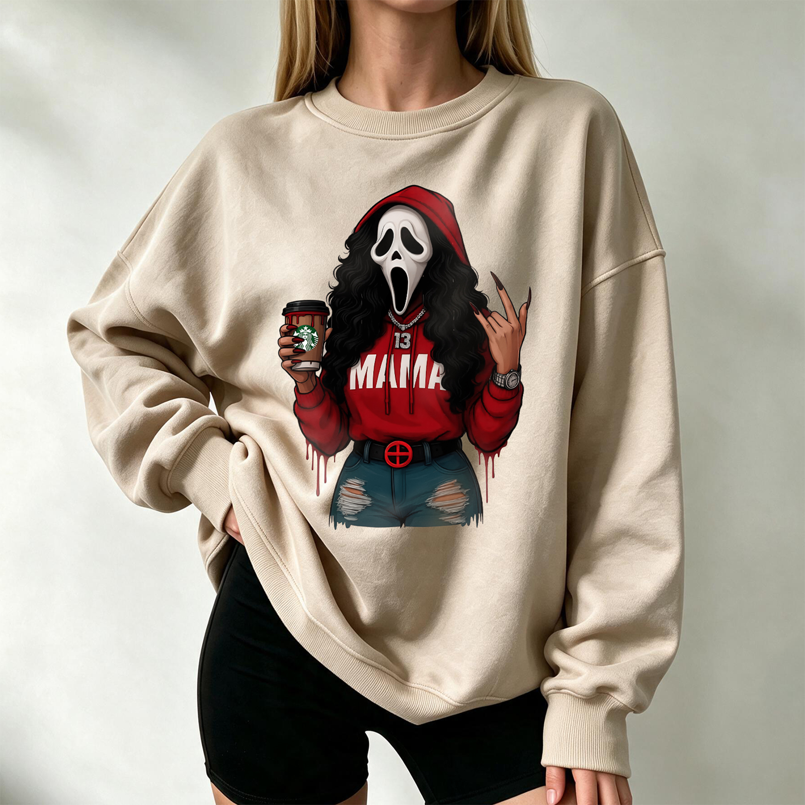 Personalized Hand-drawn Patterns Horror Mask Mama/Dad/Notext Christmas Halloween Sweatshirt