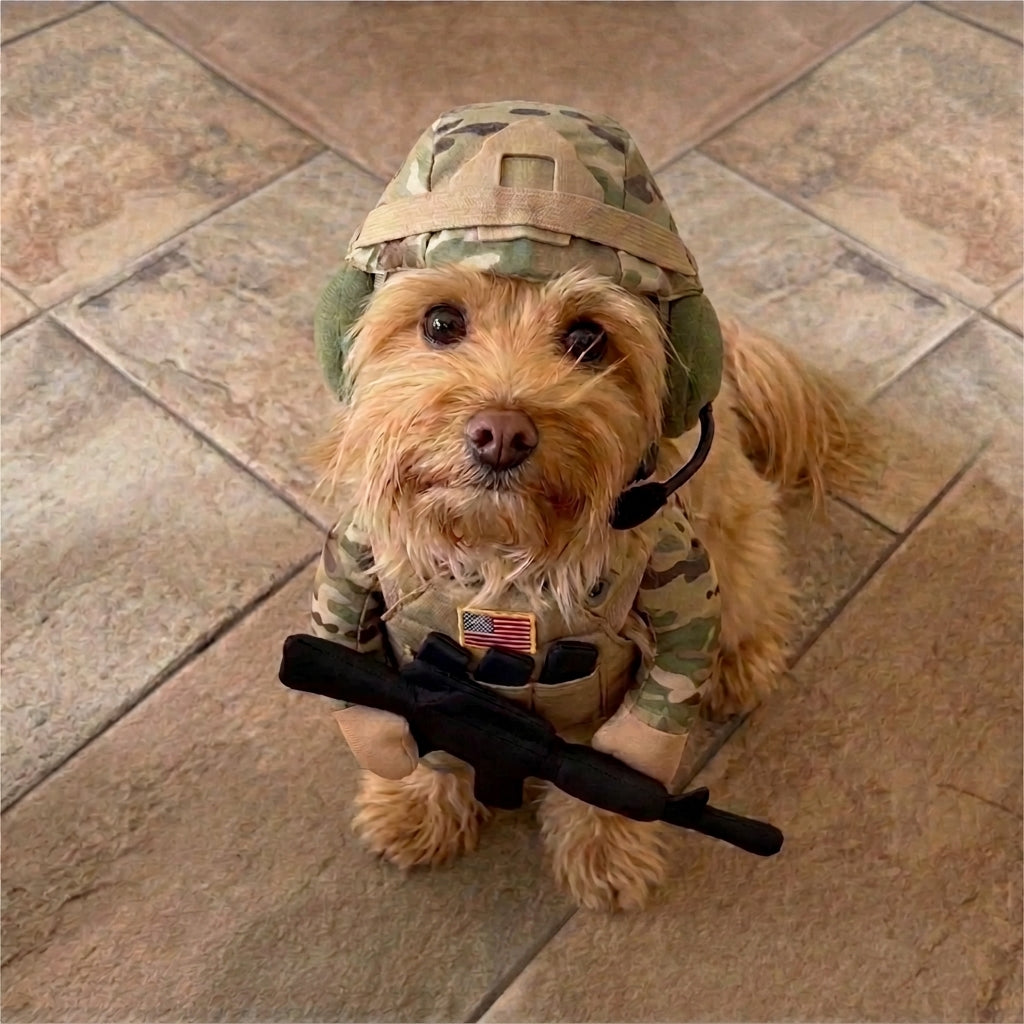 🎃 Funny Halloween Tactical Soldier Pet Costume – Standing K9 Military Uniform with Helmet & Rifle