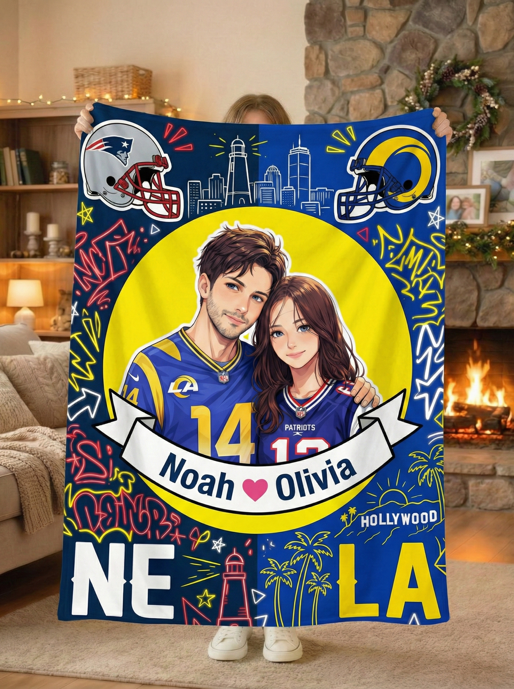 Custom House Divided Blanket - 2 Teams Split Design (GTA Style) - Personalized NFL Gift for Couples