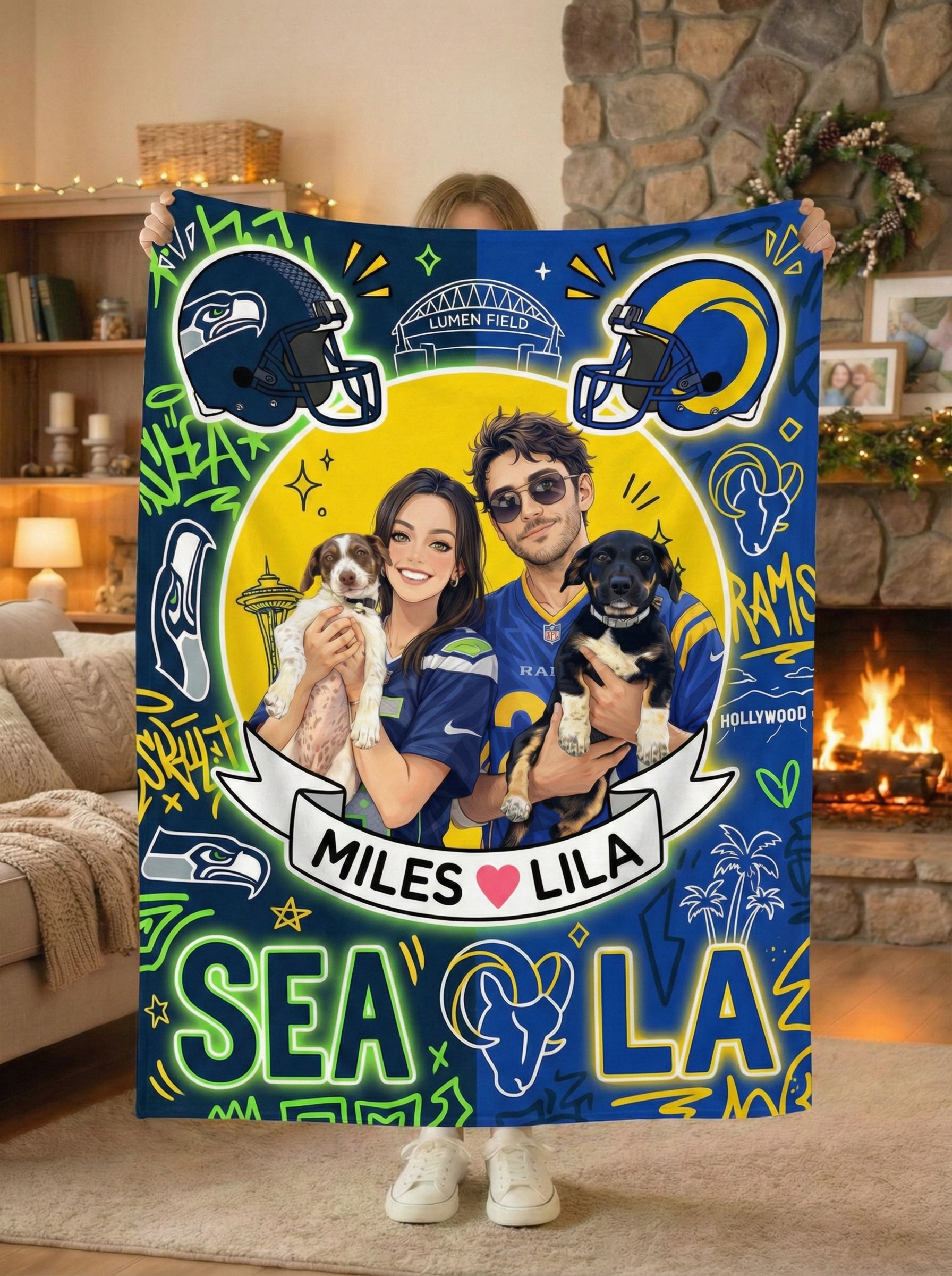 Custom House Divided Blanket - 2 Teams Split Design (GTA Style) - Personalized NFL Gift for Couples