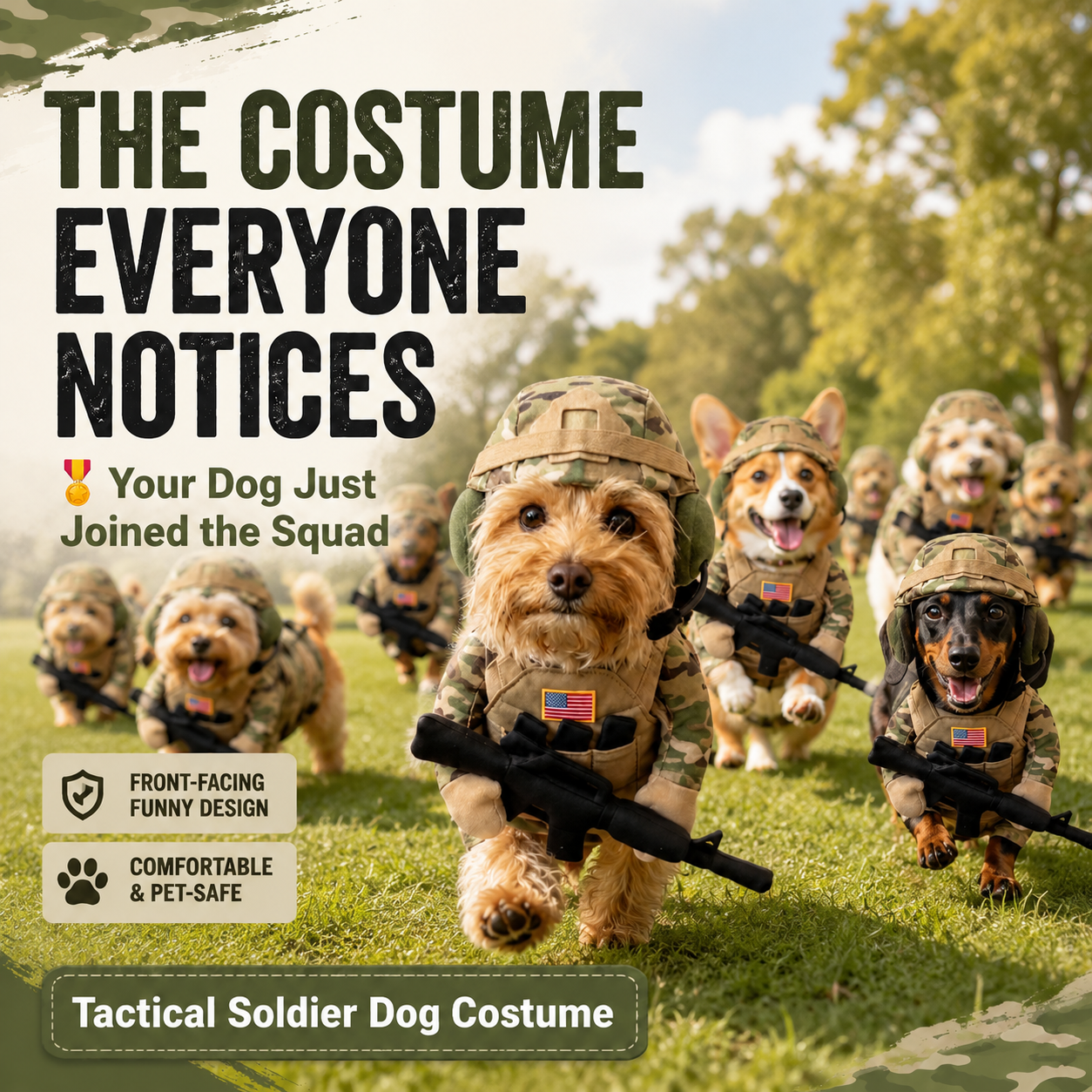 🎃 Funny Halloween Tactical Soldier Pet Costume – Standing K9 Military Uniform with Helmet & Rifle
