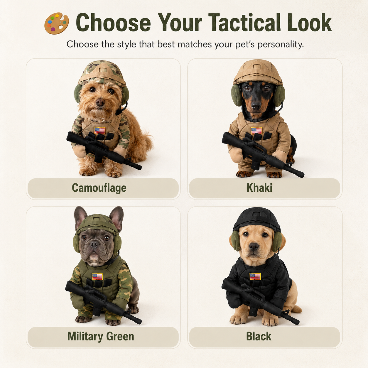 🎃 Funny Halloween Tactical Soldier Pet Costume – Standing K9 Military Uniform with Helmet & Rifle