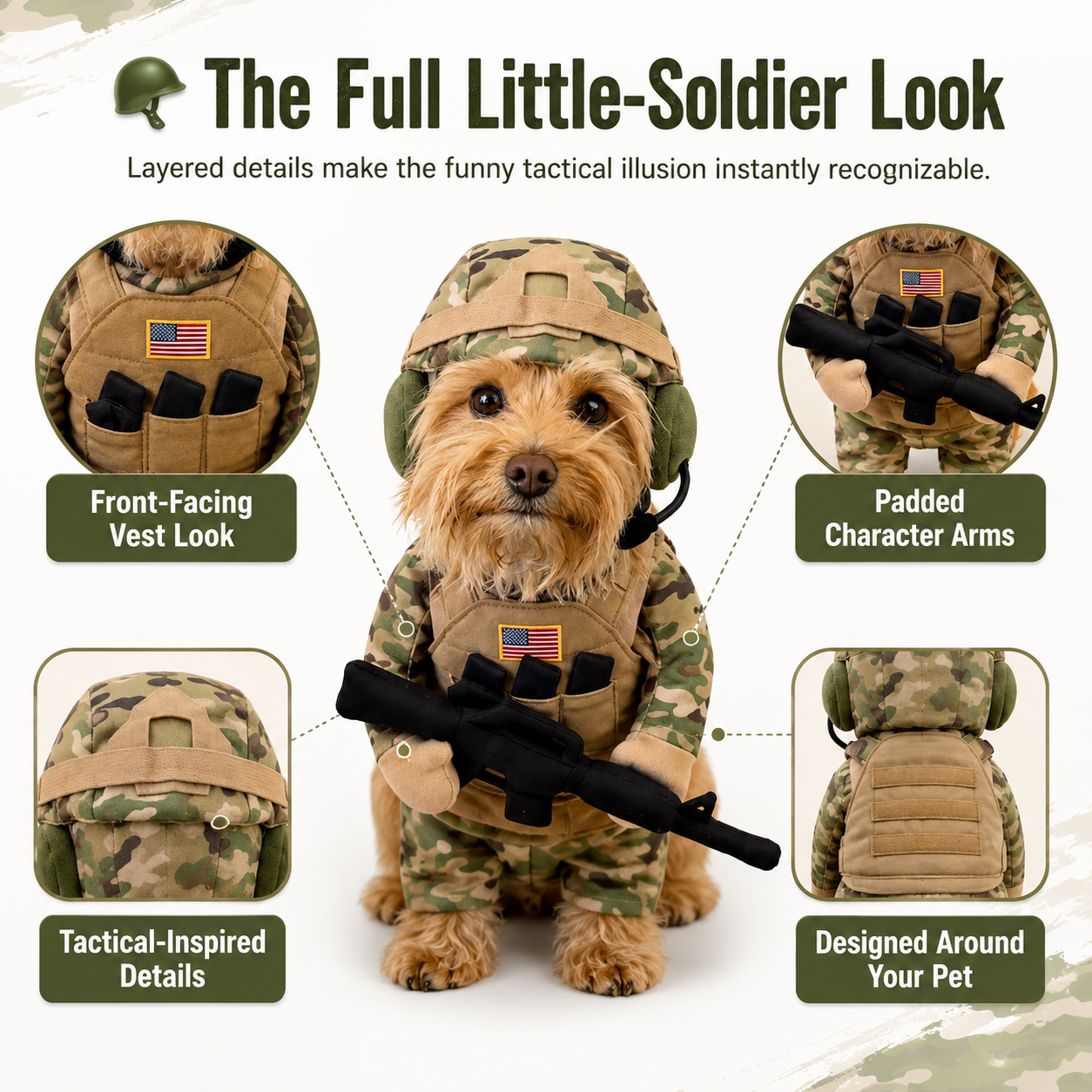 🎃 Funny Halloween Tactical Soldier Pet Costume – Standing K9 Military Uniform with Helmet & Rifle