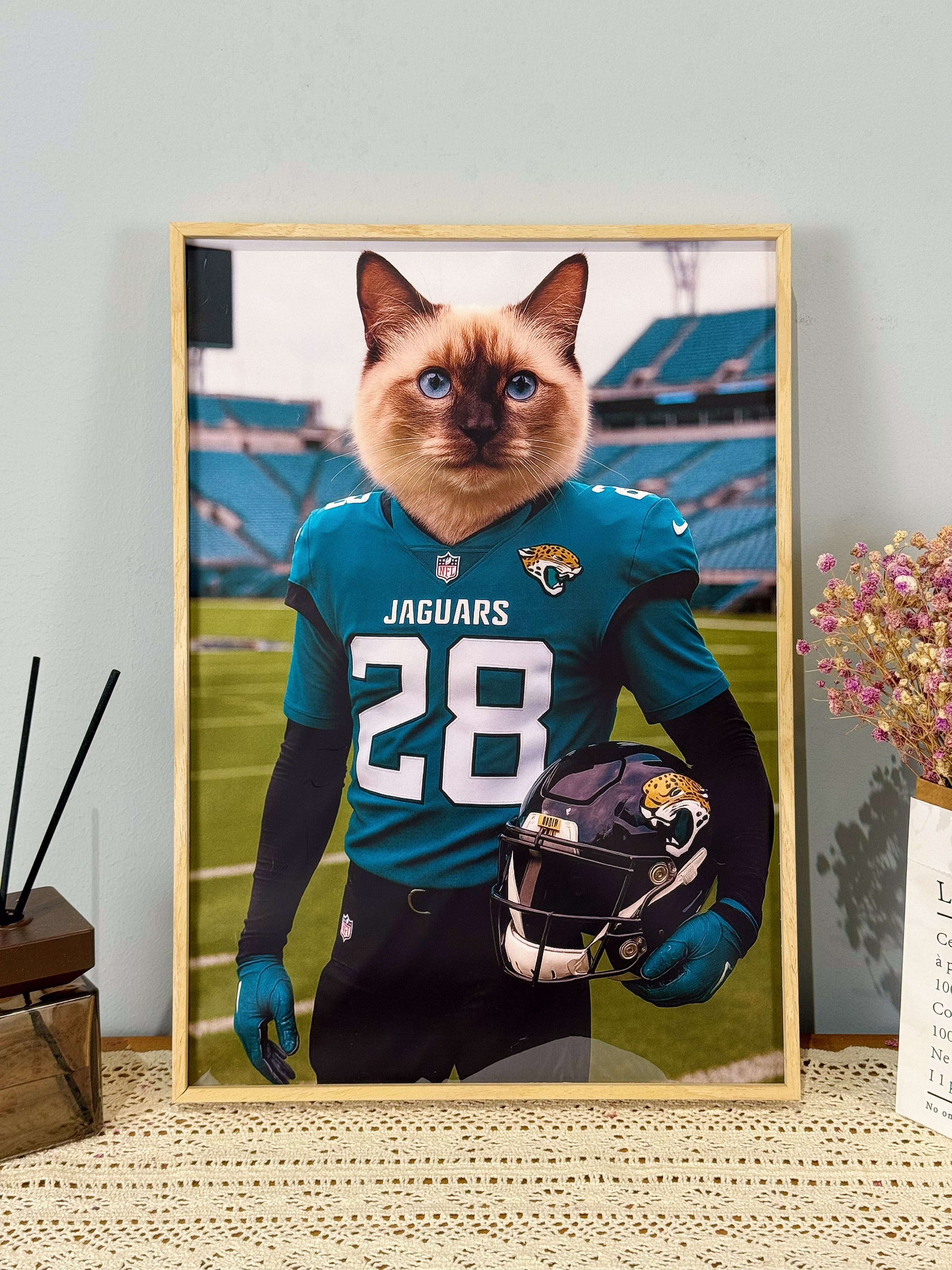 🏈Custom American Football Pet Portrait Frame – Artist Hand-Designed Decorative Wall Art 🐾