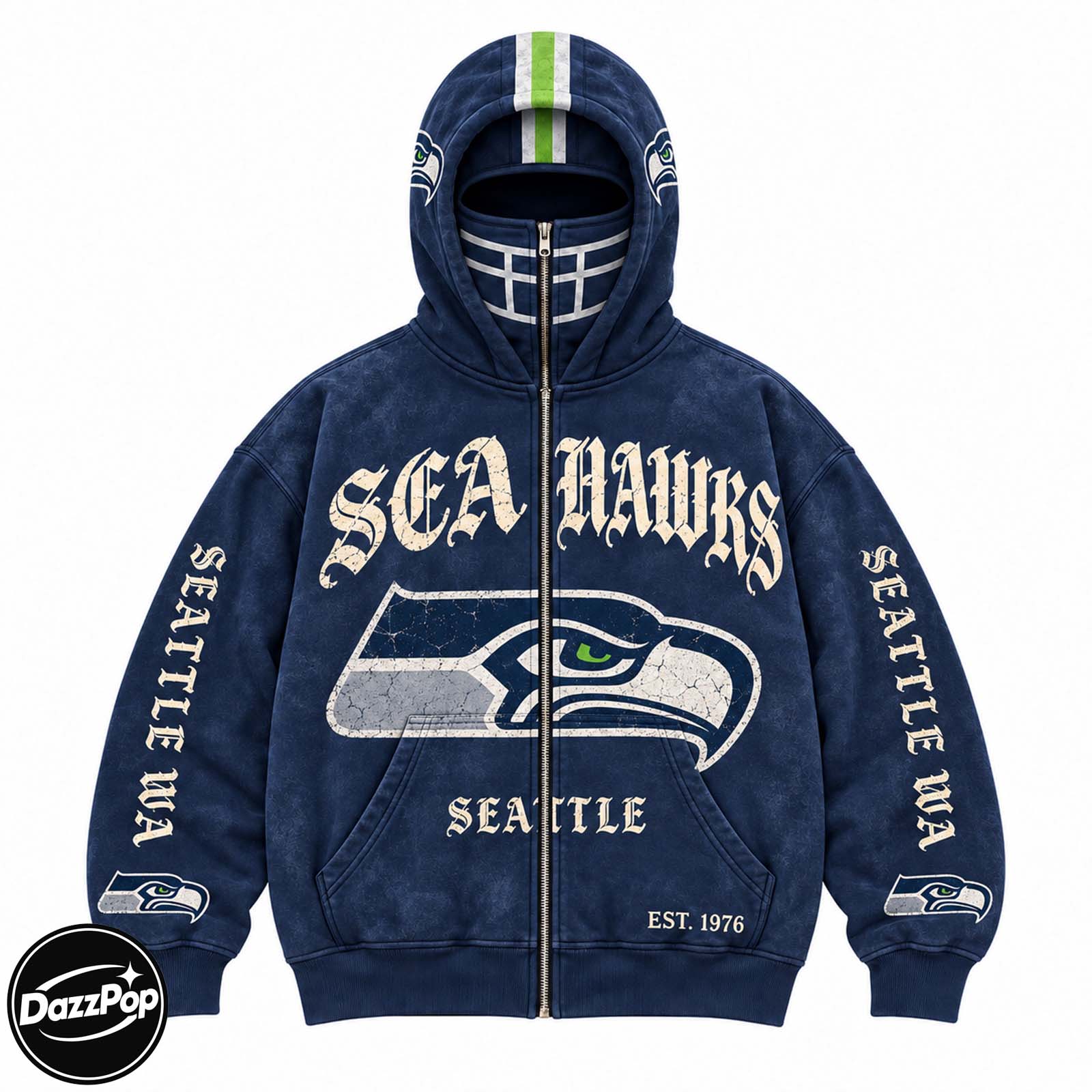 Retro Washed Full-Zip Hoodie with Built-In Facemask | Game Day Streetwear