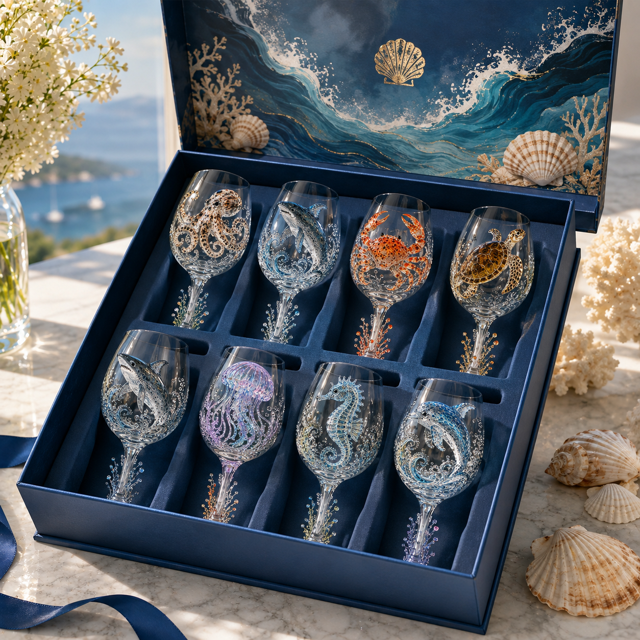 🌊Ocean Treasures Handcrafted 3D Sea Life Wine Glass Collection | Ocean‑Themed Handmade Wine Glasses Set
