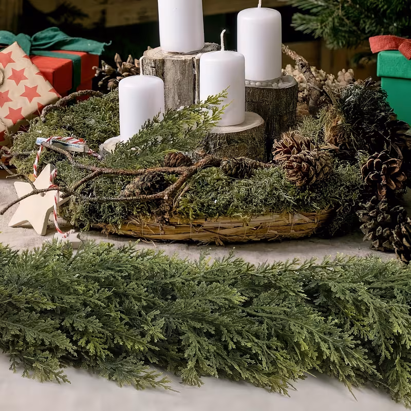 artificial cedar and pine garland realistic green cedar for indoor outdoor holiday decor christmas halloween valentines day thanksgiving no maintenance no container needed fireplace staircase and home decoration christmas decorations festive decoration natural look durable plastic best for christmas thanksgiving christmas garland green vine wreath garland christmas wreath table bannister christmas decor christmas Product details 3
