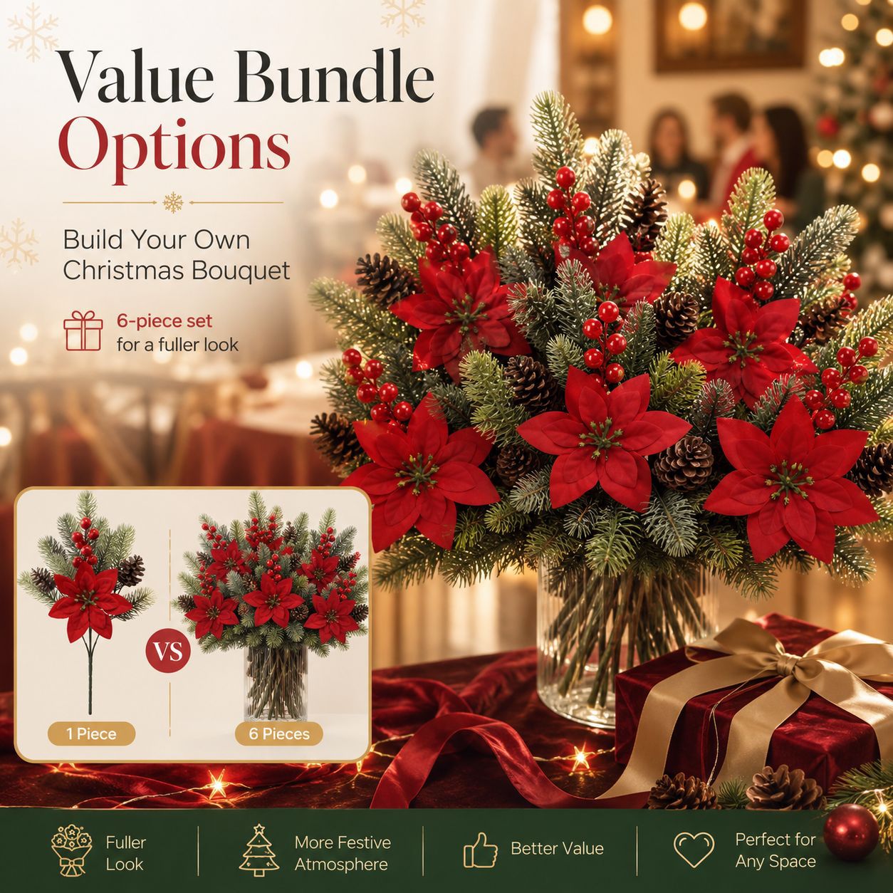 🎄Christmas Red Berry & Evergreen Picks – Add a Warm Holiday Glow ✨