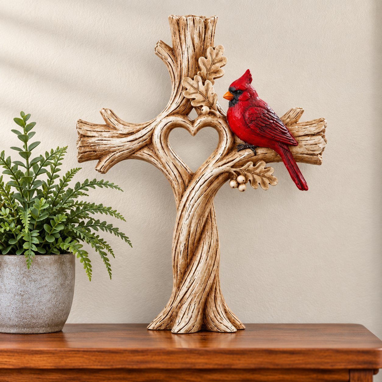 🐦Cardinal Heart Tree Cross – Hand-Carved Solid Wood Decor