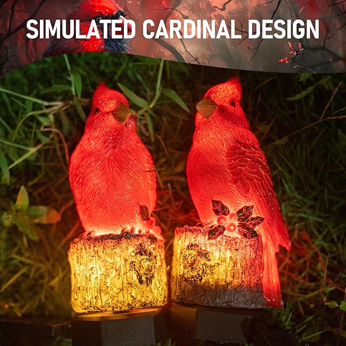 (2 Pack 22.5 in)Christmas Cardinal Solar Lights | Winter Garden Decor