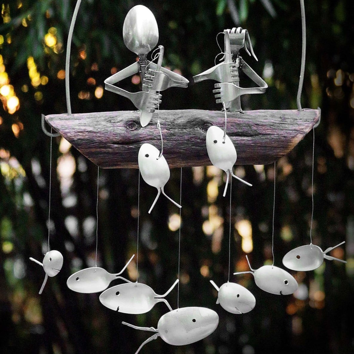 Handmade Fishing Man Spoon Fish Sculpture Wind Chime