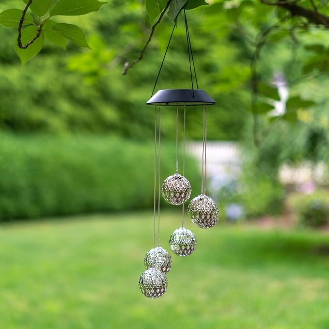 Solar Metal Orb Wind Chime Mobile - Rainbow Color Changing LED Lights