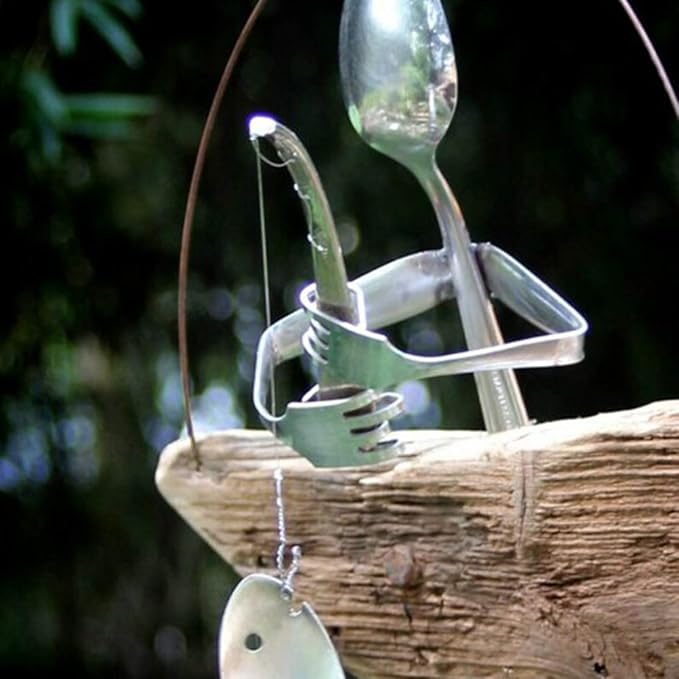 Handmade Fishing Man Spoon Fish Sculpture Wind Chime