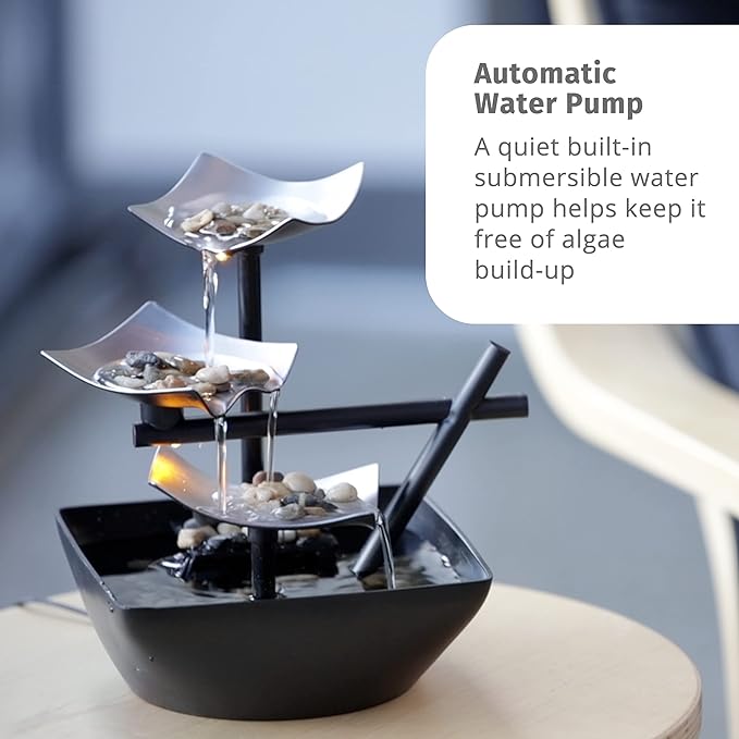 POTIWELL Tabletop Fountain, Home Decor Soothing Sound Machine - Automatic Pump, Deep Basin and Natural River Rocks.