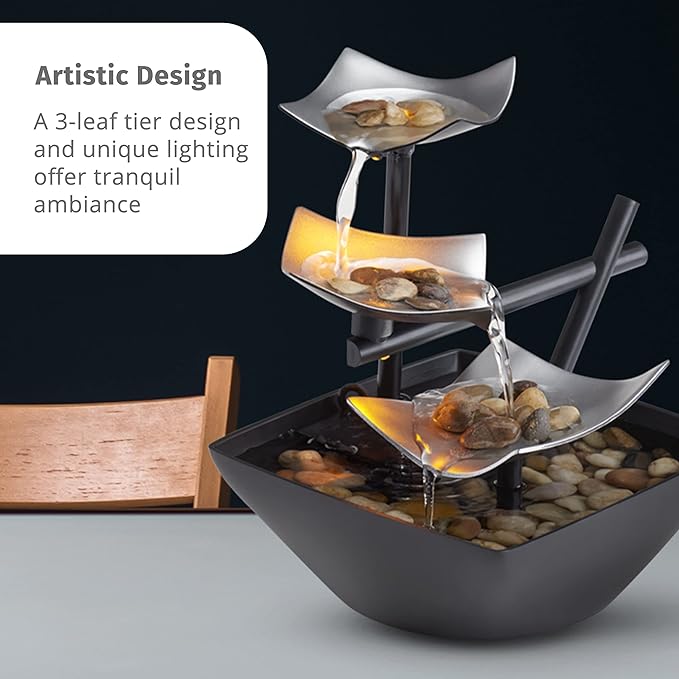 POTIWELL Tabletop Fountain, Home Decor Soothing Sound Machine - Automatic Pump, Deep Basin and Natural River Rocks.