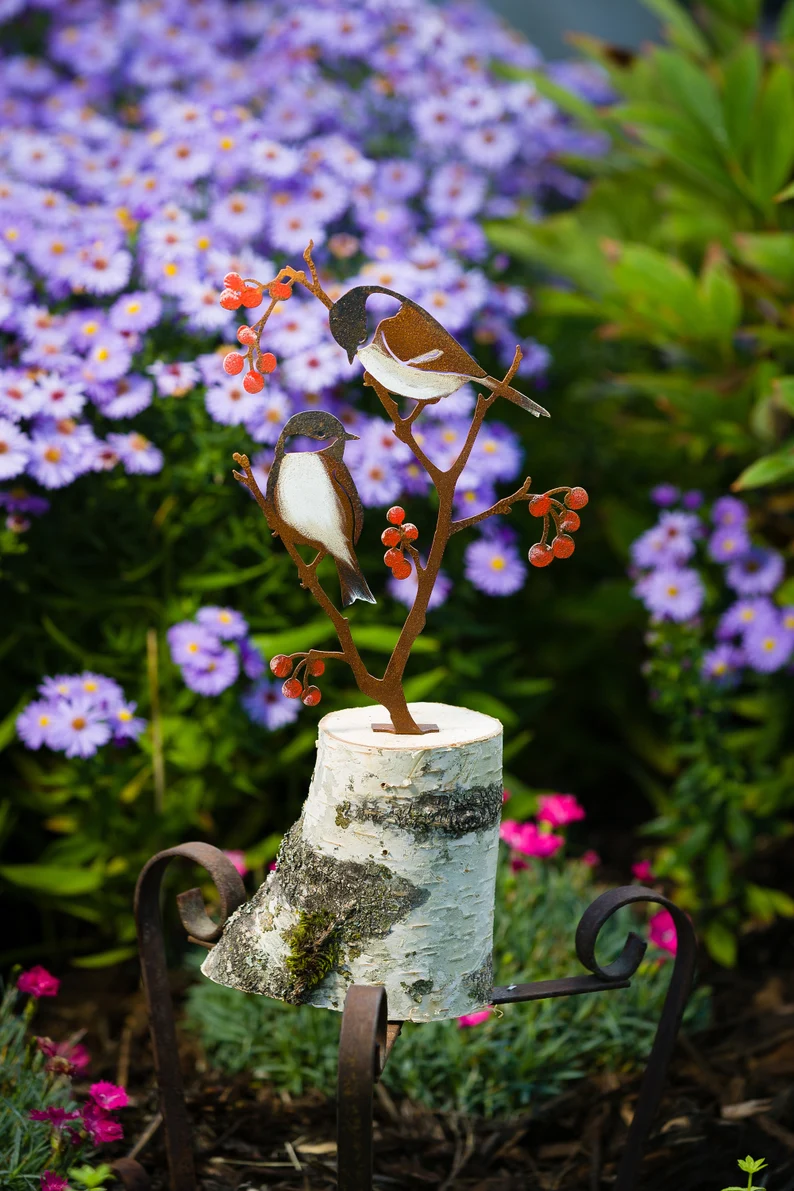 Metal Hand Painted Chickadees and Berries Garden Art | Black-Capped Chickadee Silhouette