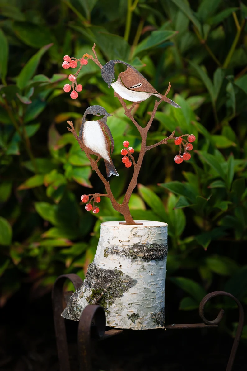 Metal Hand Painted Chickadees and Berries Garden Art | Black-Capped Chickadee Silhouette
