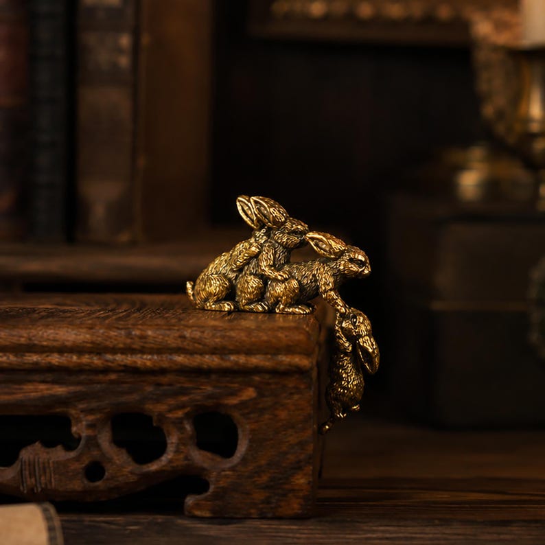 Solid Brass Loving Rabbit Family Figurine Four Bunnies Desk Decor Gift