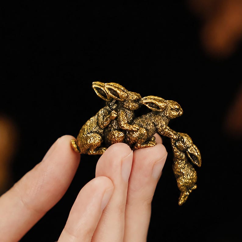 Solid Brass Loving Rabbit Family Figurine Four Bunnies Desk Decor Gift