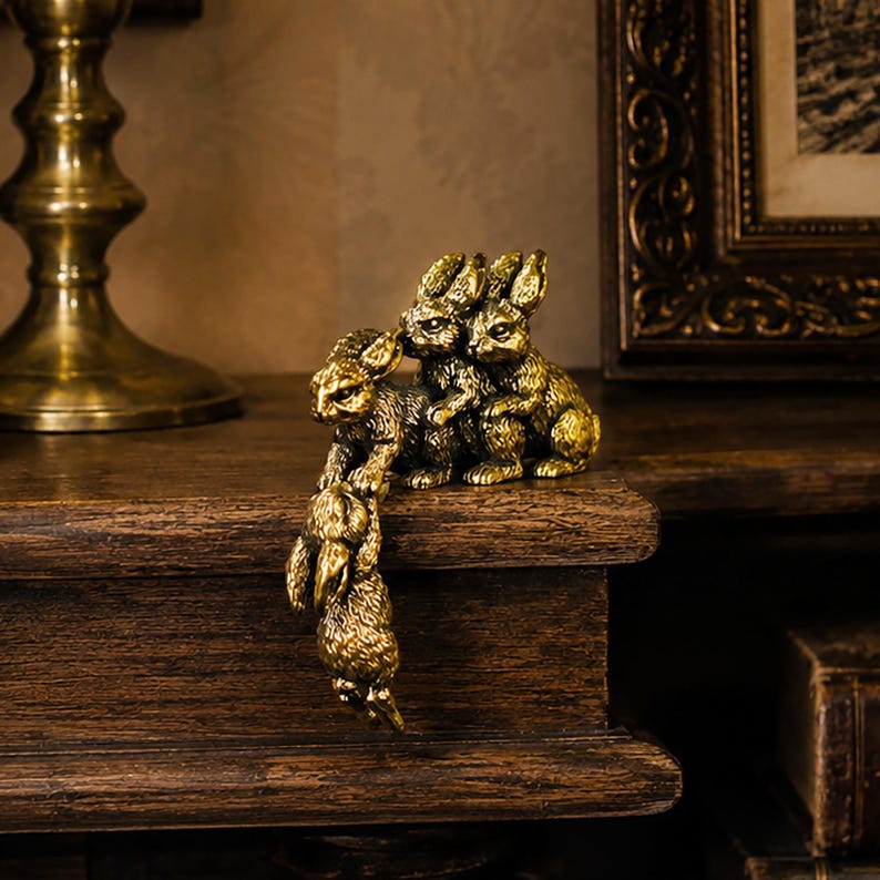 Solid Brass Loving Rabbit Family Figurine Four Bunnies Desk Decor Gift