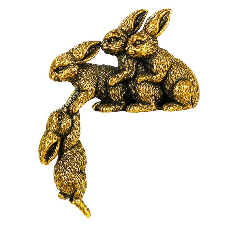 Solid Brass Loving Rabbit Family Figurine Four Bunnies Desk Decor Gift