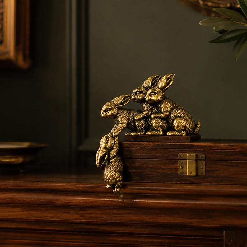 Solid Brass Loving Rabbit Family Figurine Four Bunnies Desk Decor Gift