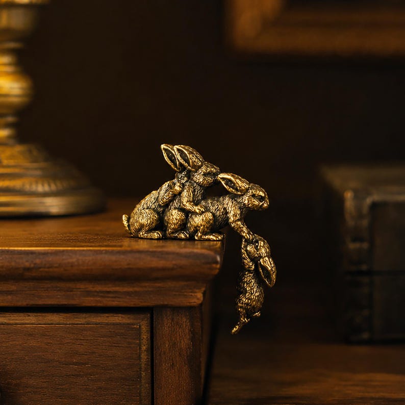 Solid Brass Loving Rabbit Family Figurine Four Bunnies Desk Decor Gift